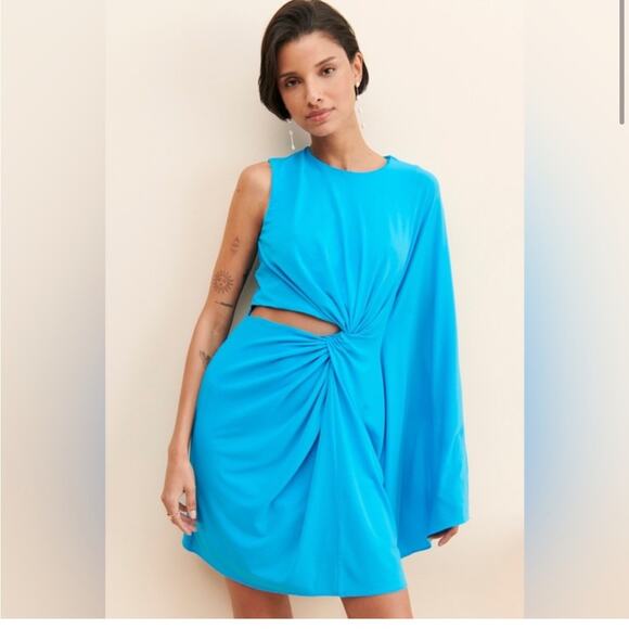 Halston Mini Dress Cutout Drape Sleeve Light Blue Size 10 Elegant Cocktail - Picture 2 of 7